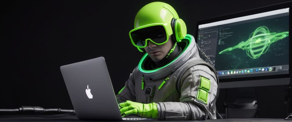 Ai generated image of a hacker in a space suit in front of a macbook.