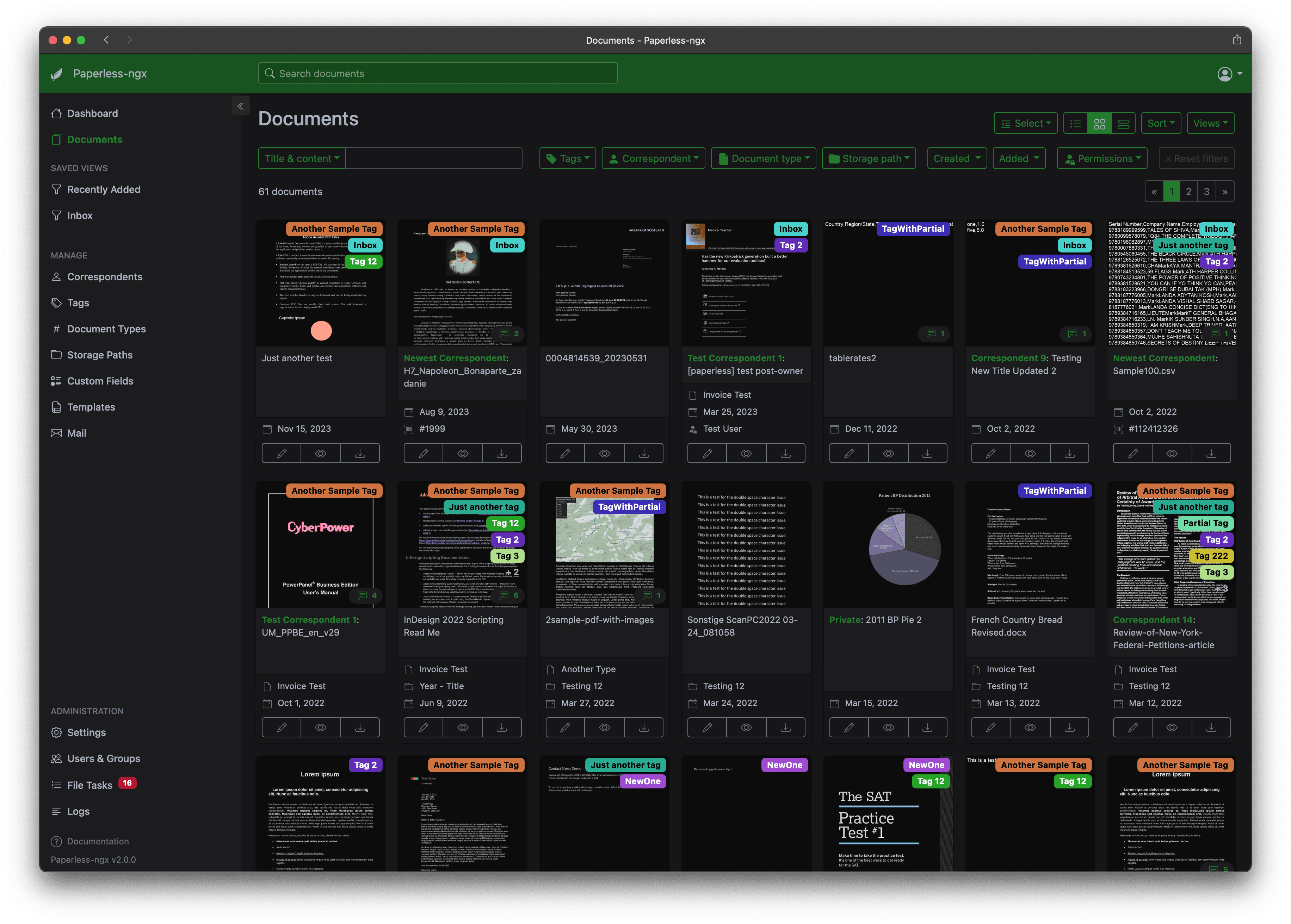 paperless-ngx dashboard with tagged documents