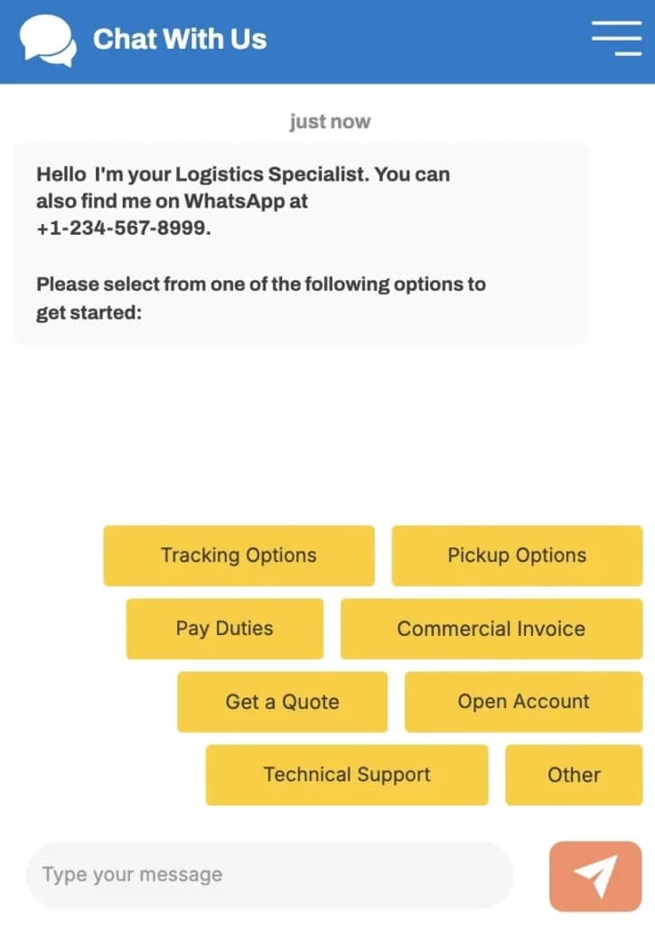 AI chatbot interface on a website of a logistics company