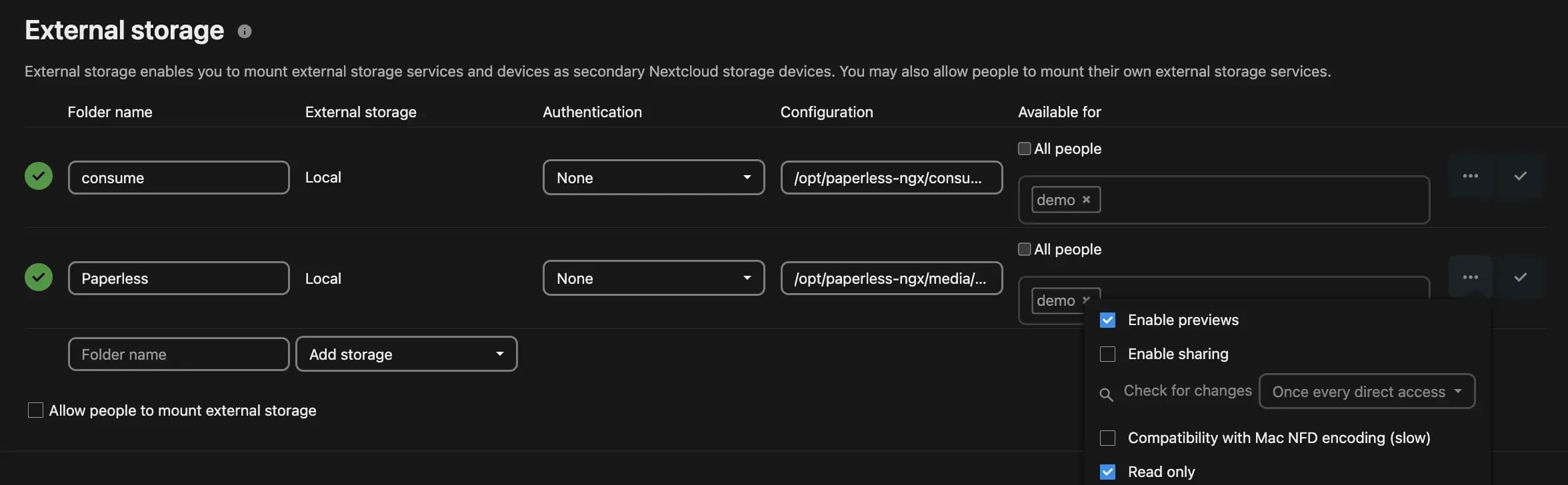 Configure screen of the local external storage in Nextcloud