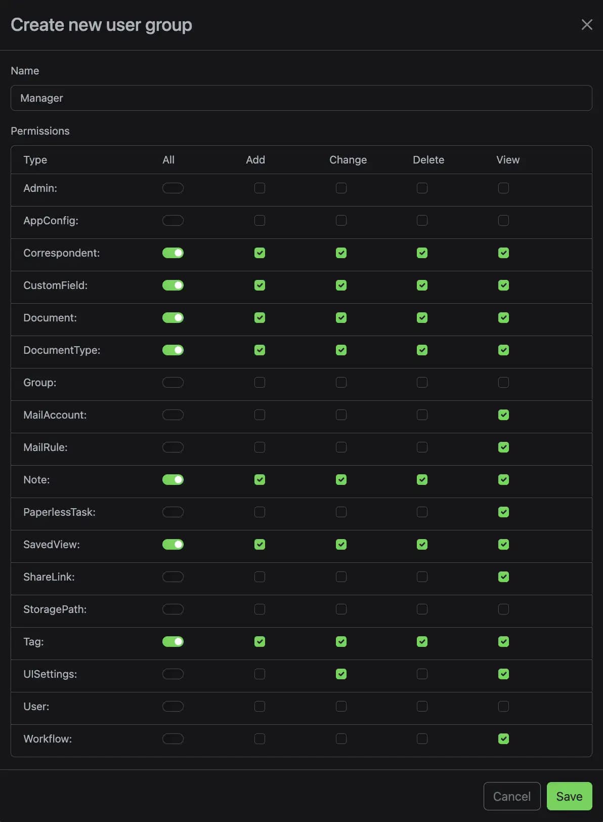 Setting permissions of the manager role