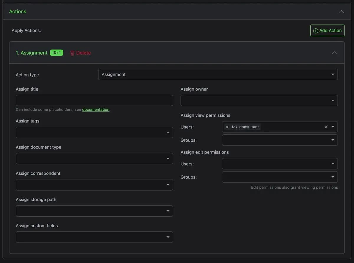 Add an action to a workflow in Paperless-ngx