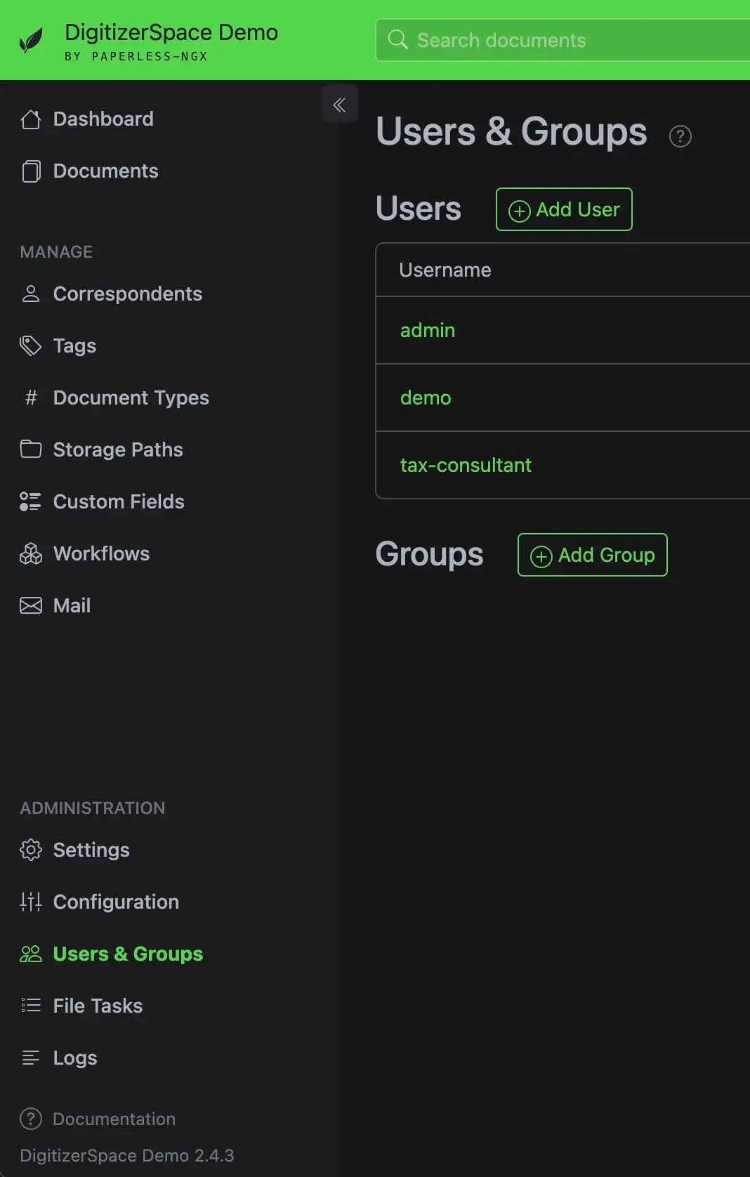 The users and groups tab in Paperless-ngx to add new users