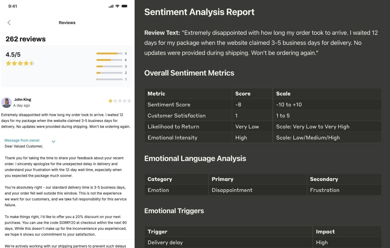 Customer review with response message from business and a generated sentiment analysis report.